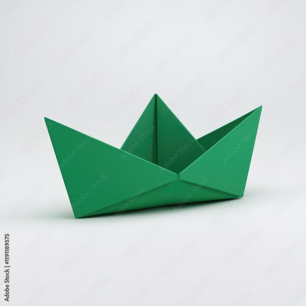 A simple green origami boat, folded from paper, isolated on a white background. A simple green origami boat, folded from paper, isolated on a white background.