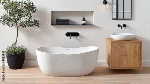 Modern Bathroom Interior with Freestanding Bathtub and Stylish Wooden Vanity Unit Design