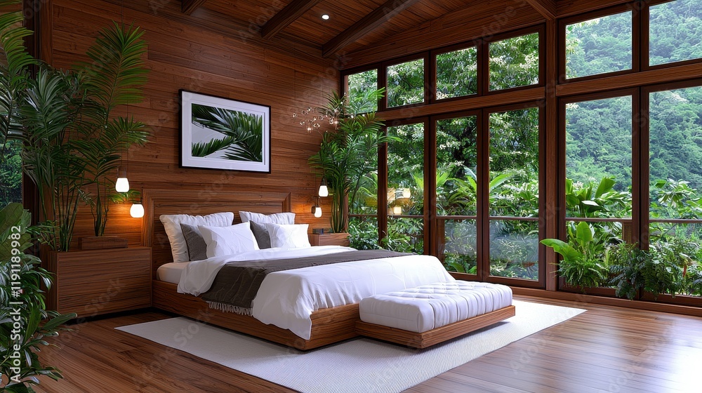 Modern Bedroom Interior Design with Natural Light and Greenery in a Tranquil Setting Modern Bedroom Interior Design with Natural Light and Greenery in a Tranquil Setting