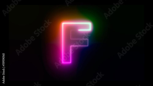 Letter F with an abstract, colorful neon effect and motion animation in 4K video footage.