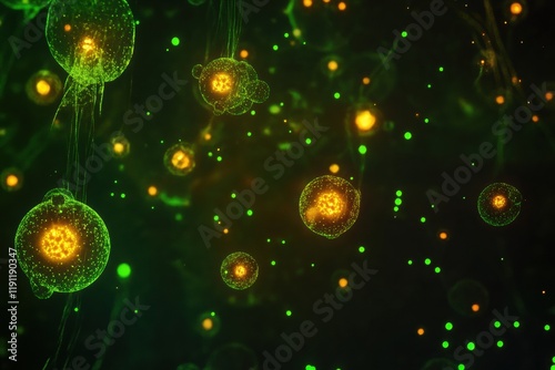 Viruses invading and replicating in host cells under microscopic observation during a laboratory experiment. Generative AI photo