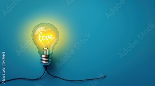 Yellow heart glowing inside an electric light bulb, hanging against a soft blue studio background with ample copy space. Valentine's Day concept, symbolizing love, creativity, and inspiration