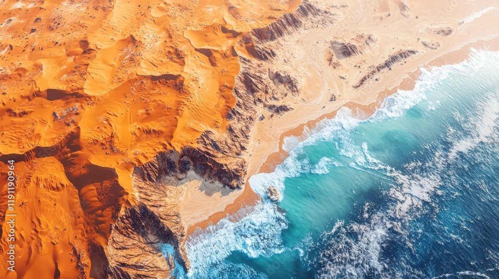 Naklejka premium Aerial view of desert patterns and ocean waves satellite imagery natural landscape vibrant colors