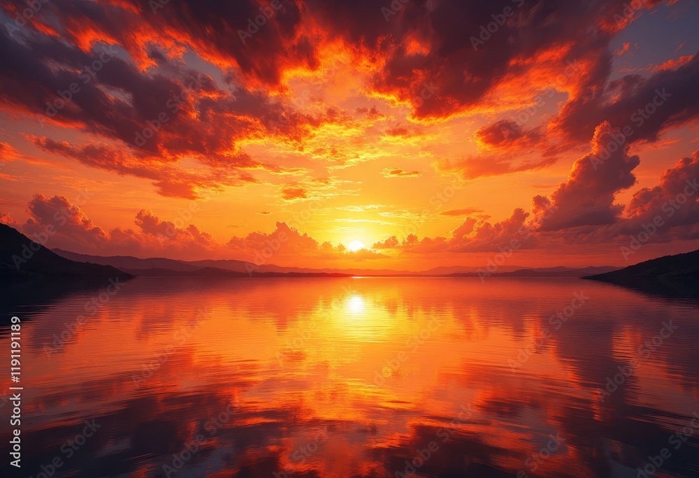 Fototapeta premium Sunset over water with dark orange and red clouds