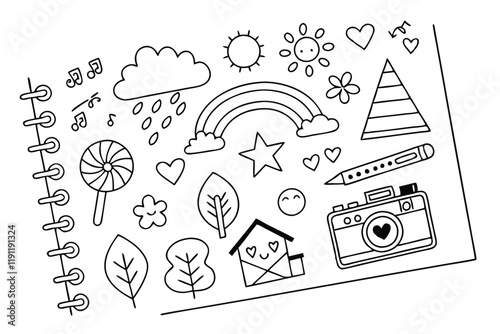 Wallpaper Mural Hand-drawn doodles, black and white sketches, simple icons, weather symbols, nature elements, everyday objects, emojis, abstract shapes, stick figures, cartoon animals, speech bubbles, geometric forms Torontodigital.ca