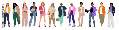 Set of different business woman in casual office outfit. Young, senior, black, african american lady boss. vector flat illustratios isolated on white background