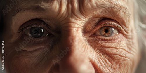 This close-up portrait captures the eyes of an elderly woman. The contrast of the different colored irises reveals a story of experience and wisdom.  photo