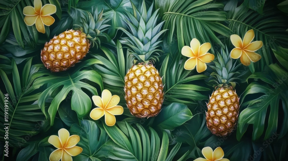 Fototapeta premium Vibrant tropical pattern featuring pineapples and flowers in lush green foliage ideal for summer designs. Generative AI