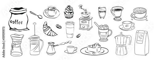 WebSketch style hand drawn coffee elements, cups, croissant, coffee pot, grinder, cupcake. Outline vector drawing isolated on white background