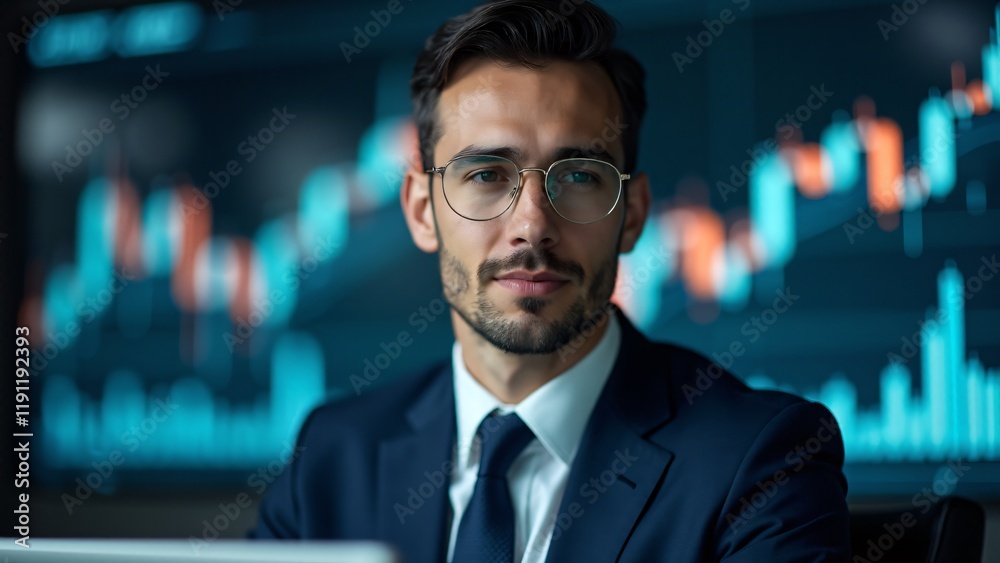 Portrait of a banker in a sleek suit, blurred financial chart background. Confident, composed expression conveys expertise. No hands visible. Portrait of a banker in a sleek suit, blurred financial chart background. Confident, composed expression conveys expertise. No hands visible.