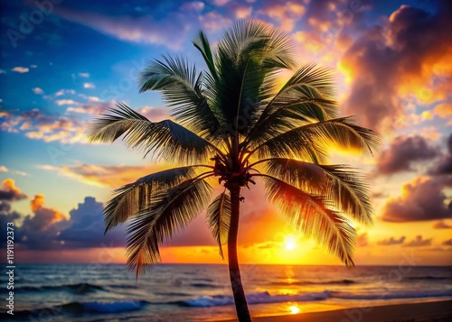 Windblown Palm Tree Bokeh  Tropical Sunset  Island Paradise  Blurred Background Stock Photo