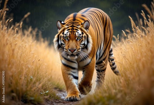 Tiger walking on a path during rain