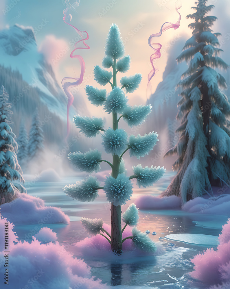 Naklejka premium snowy spruce flower on icy background, created by generative ai