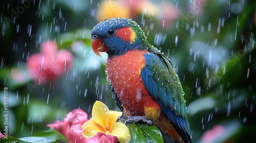 A vibrant rainbow lorikeet perched on a flowering plant in the rain.