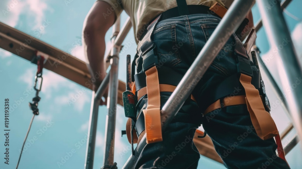 A close-up of a construction worker assembling scaffolding, with safety harness and tools visible, looking at the camera A close-up of a construction worker assembling scaffolding, with safety harness and tools visible, looking at the camera