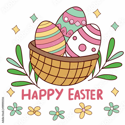 A wicker basket filled with three colorful Easter eggs happy easter