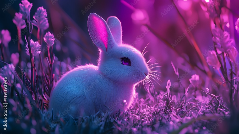 Fototapeta premium Cute White Rabbit Sitting Among Soft Flowers in Serene Twilight Light