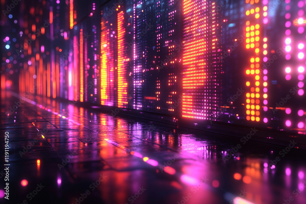 Fototapeta premium Futuristic Neon Audio Spectrum Display with Glowing Lines Shifting in Intensity and Frequency Resembling a High-Tech Music Equalizer