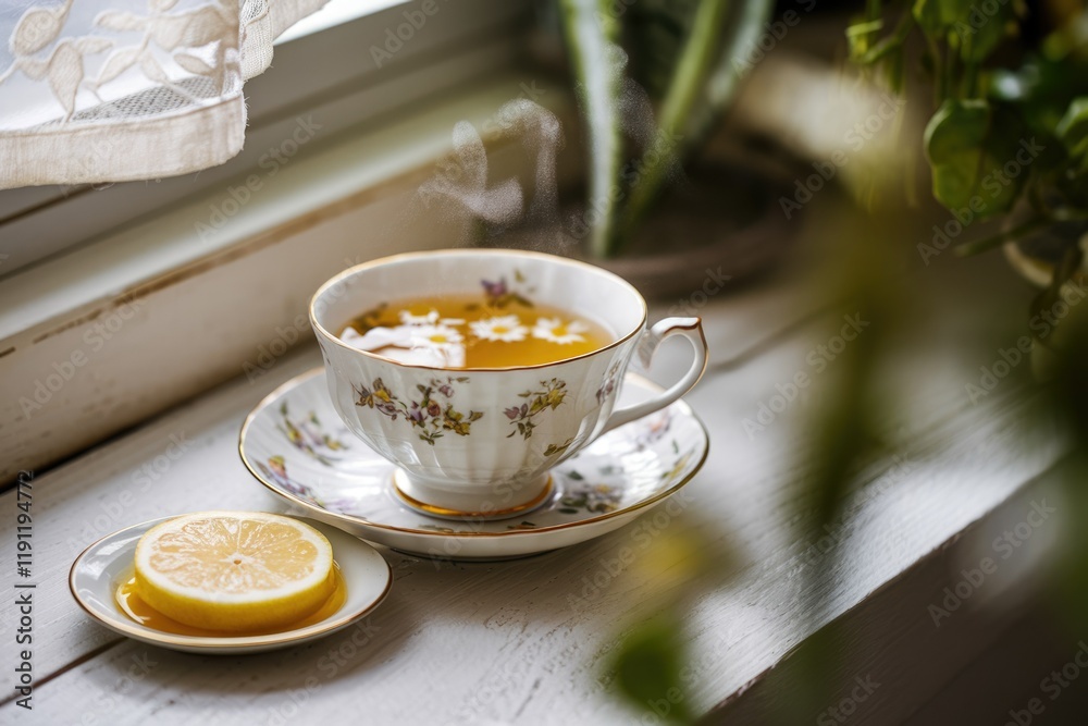 A steaming cup of floral tea with lemon slice, sits on a saucer near a window. A steaming cup of floral tea with lemon slice, sits on a saucer near a window.