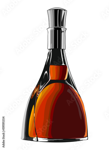 Glass bottle with alcohol drink for bar menu, label mockup. Vector realistic illustration of quality rum, brandy, elite cognac, gin, bourbon, liqueur isolated on white background. Alcoholic beverage.