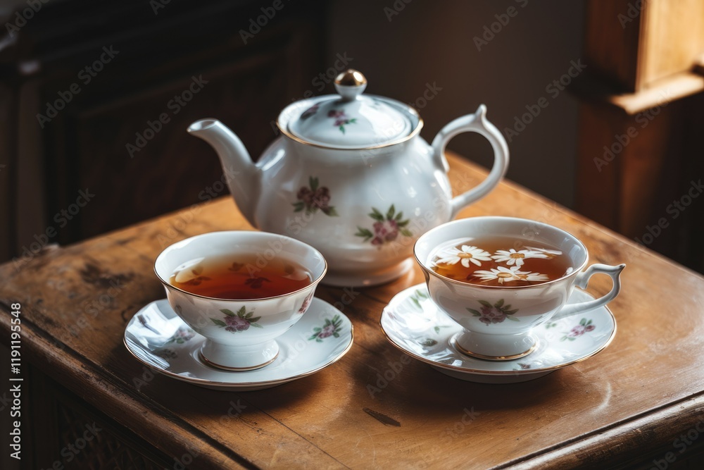 Two cups of tea, one with chamomile flowers, served with a floral teapot on a wooden table. Two cups of tea, one with chamomile flowers, served with a floral teapot on a wooden table.