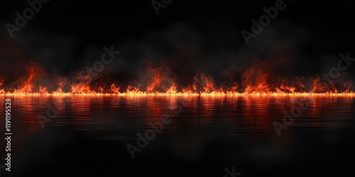 Long line of fire is reflected in the water