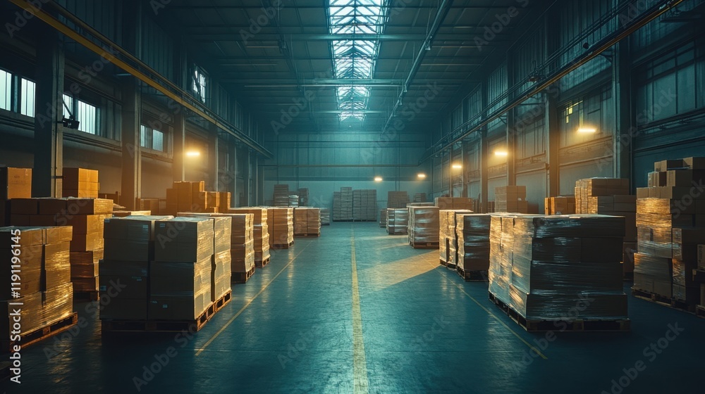 Calm Warehouse Interior with Stacked Pallets Calm Warehouse Interior with Stacked Pallets