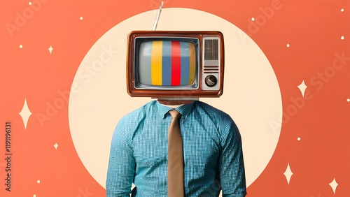 The surreal artwork features a man with a retro TV for a head against a creative backdrop. The piece reflects the themes of news propaganda, symbolizing the influence of the media on our perception of photo