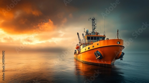 Offshore seismic survey vessel equipped with high tech sonar technology conducting seafloor mapping in a serene ocean vista with dramatic clouds and golden hour lighting