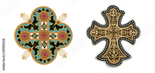 Two Golden cross decorated with colorful stones vintage jewelry vector illustrations isolated on white background.