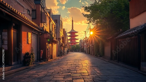 Sunset illuminates a Japanese street leading to a pagoda