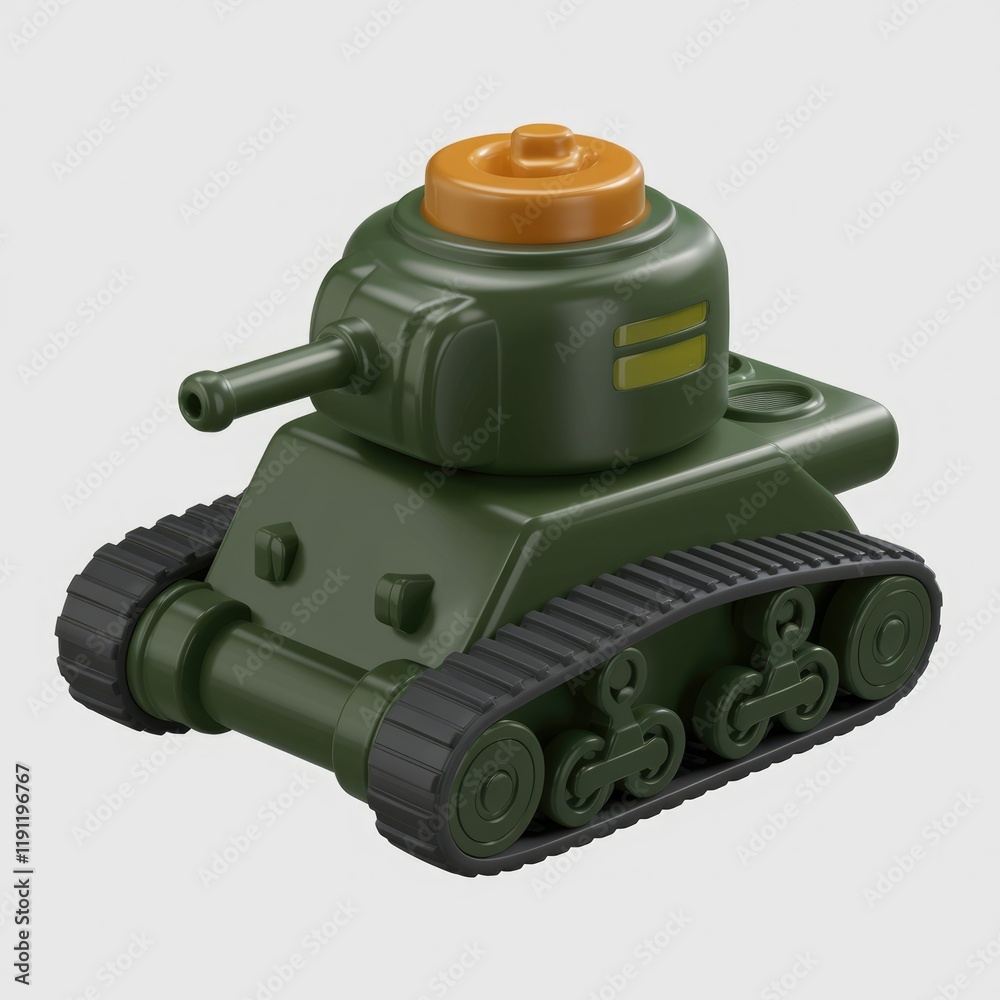 A miniature green toy tank with a dark orange top, featuring detailed treads and a small cannon. A miniature green toy tank with a dark orange top, featuring detailed treads and a small cannon.