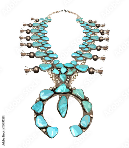 Jewelry silver necklace with turquoise gemstones. Traditional Navajo western accessories. Fashion jewelery item for woman. Vector realistic illustration isolated on white background.