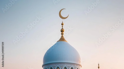 Serene Moon Rising Over a Quiet Mosque Dome at Ramadan Iftar