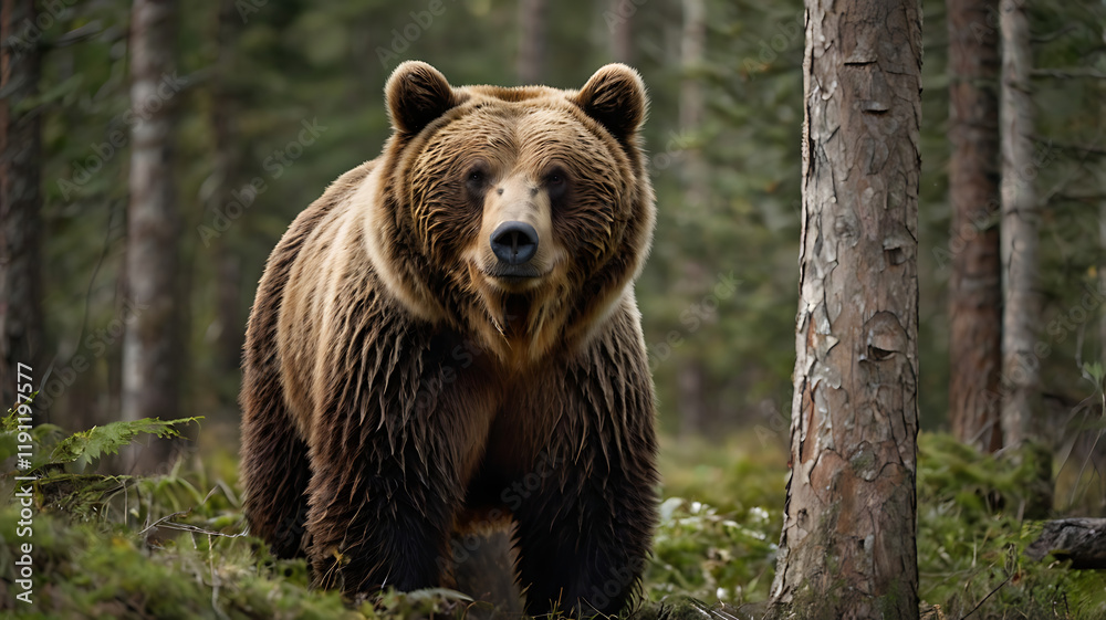 Fototapeta premium Side view of a brown bear in a forest