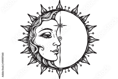 Boho Sun and Moon Ink Sketch, Black Ink on White Background, Hand-drawn Celestial Symbols, Ideal for Bohemian-style Art Projects, Prints, and Spiritual Designs