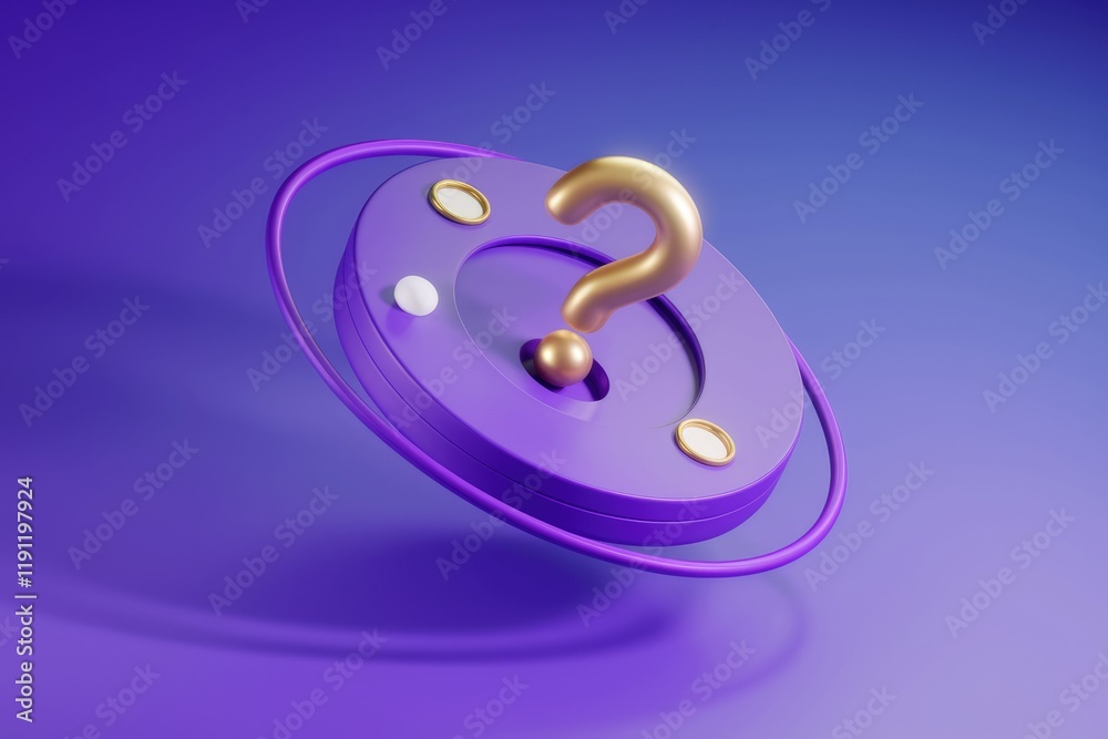 A golden question mark rests on a purple platform, symbolizing inquiry and enigma. A golden question mark rests on a purple platform, symbolizing inquiry and enigma.