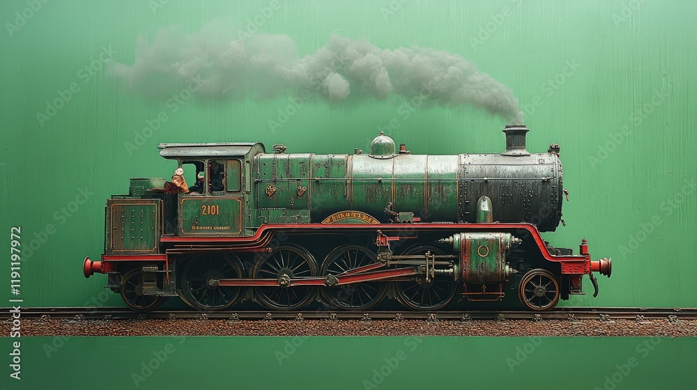 Naklejka premium Vintage steam locomotive, smoking, green background.