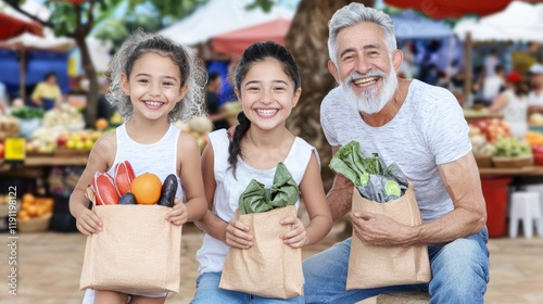 Joyful family at market with eco-friendly grocery bags and produce photo