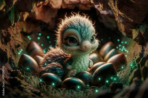 Adorable baby dragon nestled in its nest amidst glowing eggs, a magical scene. photo