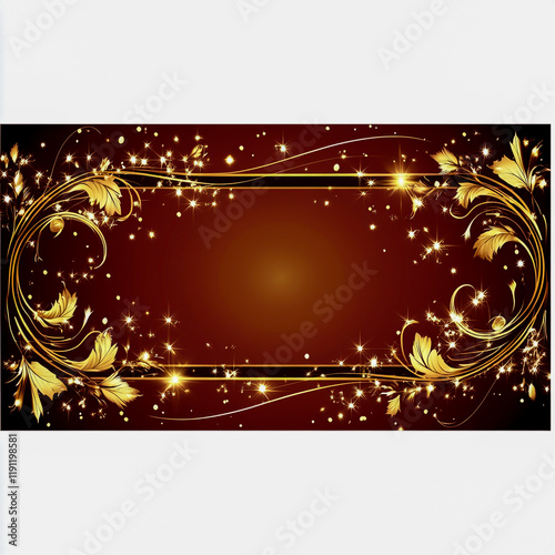 Wide Rectangular Banner with Dark Red Background and Golden Floral Patterns, Adorned with Stars and Sparkles photo