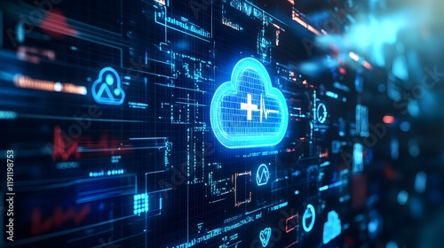 Digital management of health data, cloud based systems securely storing and accessing medical information, high-tech healthcare infrastructure