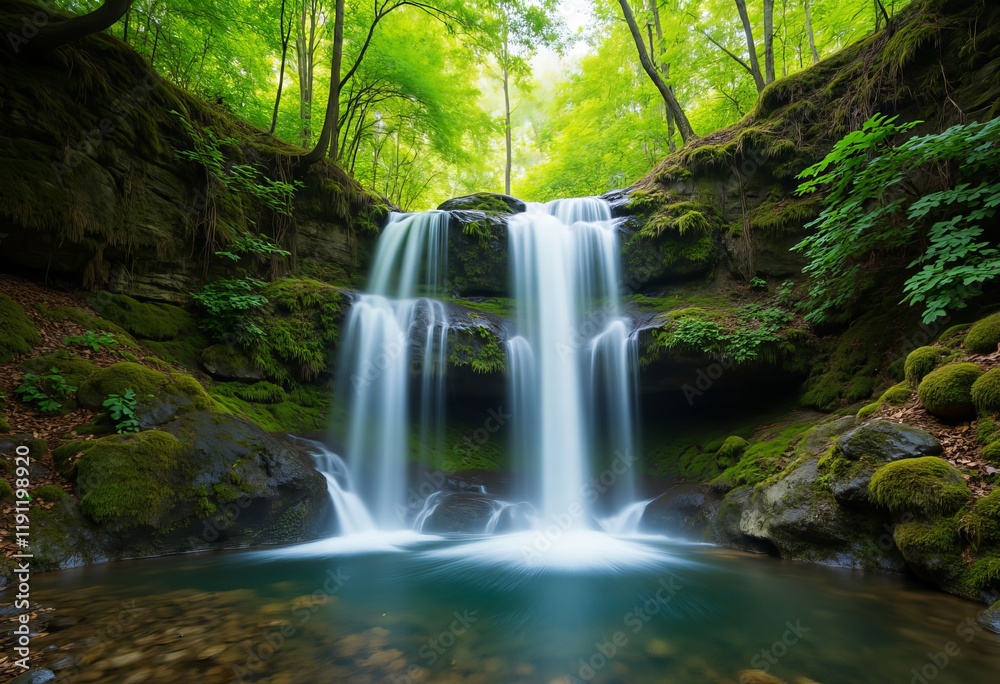 Fototapeta premium Waterfall in green forest with mossy rocks and pool
