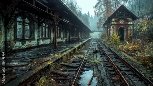 Abandoned Train Station with Overgrown Tracks and Foggy Atmosphere