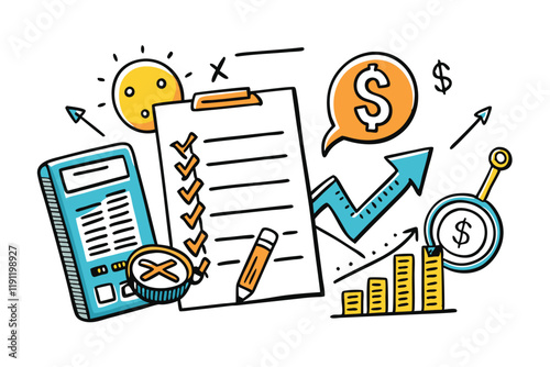 Creative tax and finance illustration featuring hand drawn elements like bar charts, coins, calculator, and tax checklist