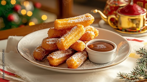 Delicious churros dusted with sugar and served with chocolate sauce. photo