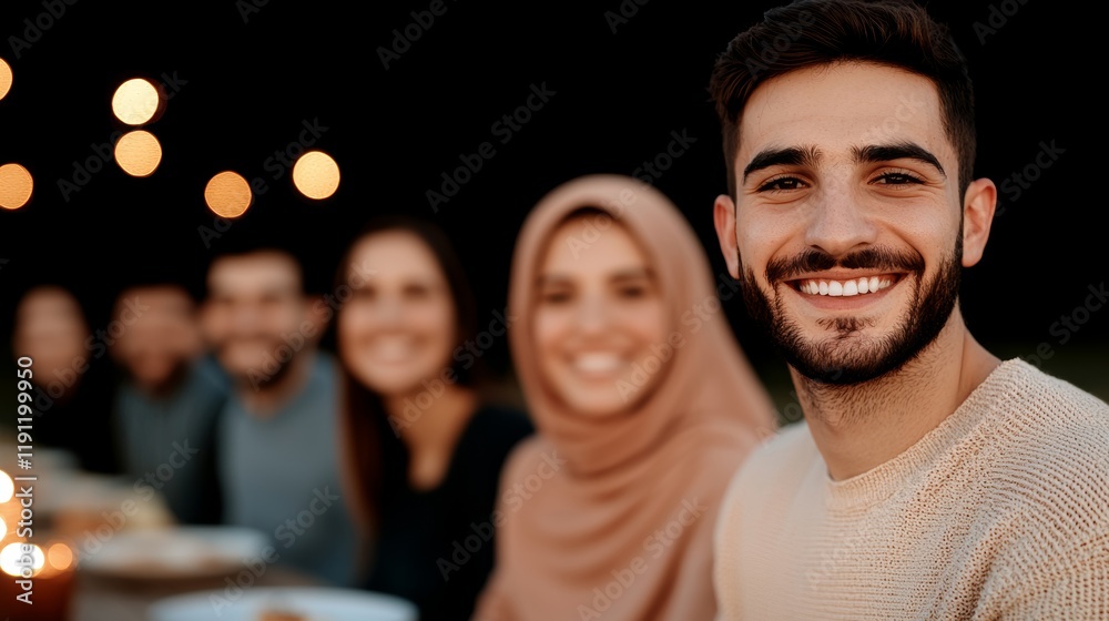 Fototapeta premium Serene Gathering at Iftar Under Soft Lights Enjoying Togetherness