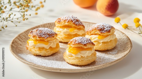 Delicious cream puffs adorned with powdered sugar on a wooden plate. photo