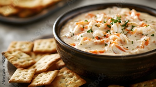 Closeup of a creamy, warm crab dip served in a rustic bowl, topped with melted cheese and fresh herbs, surrounded by crispy crackers