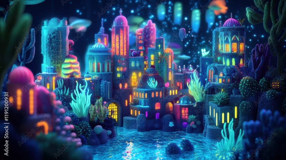 Obraz premium Luminous Underwater City Glowing Vibrantly Beneath The Sea